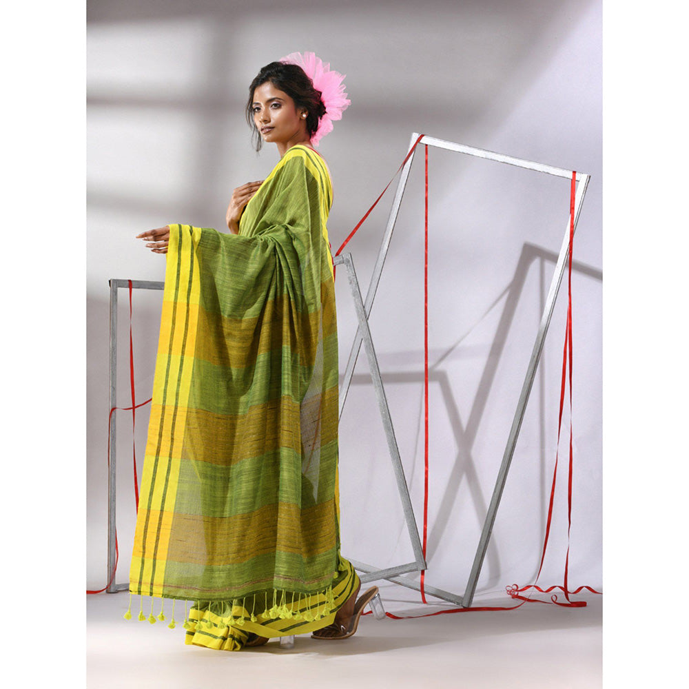 CHARUKRITI Green Cotton Stripe Border Saree with Unstitched Blouse