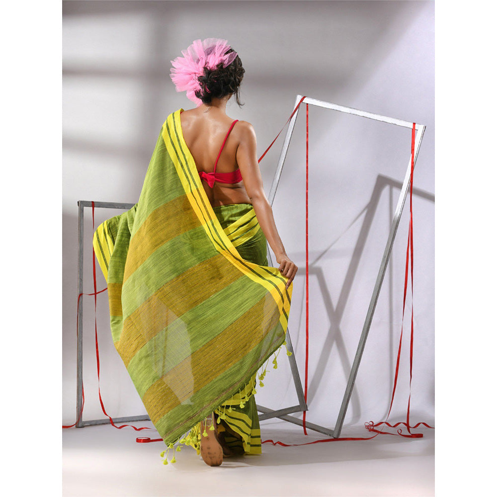 CHARUKRITI Green Cotton Stripe Border Saree with Unstitched Blouse