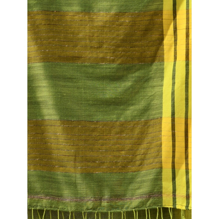 CHARUKRITI Green Cotton Stripe Border Saree with Unstitched Blouse