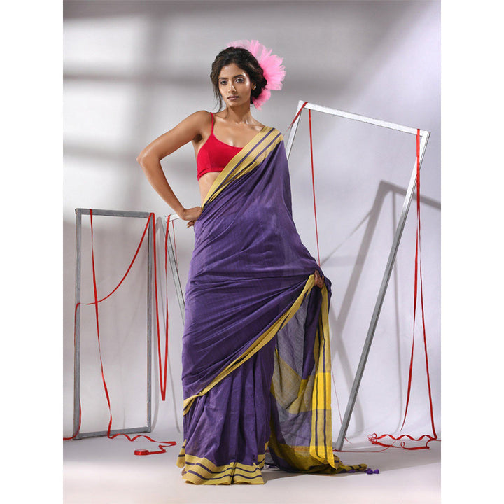 CHARUKRITI Purple Cotton Stripe Border Saree with Unstitched Blouse