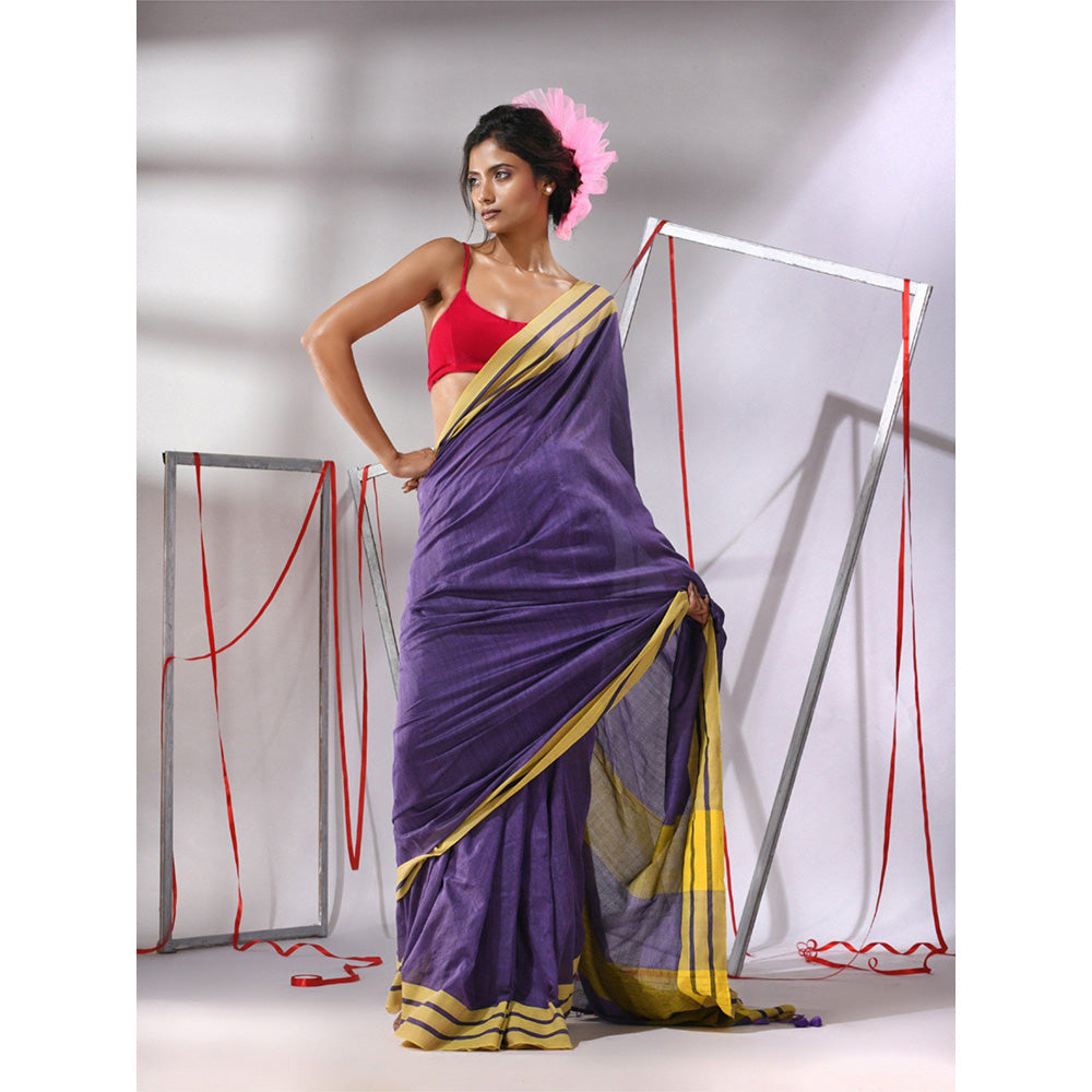 CHARUKRITI Purple Cotton Stripe Border Saree with Unstitched Blouse