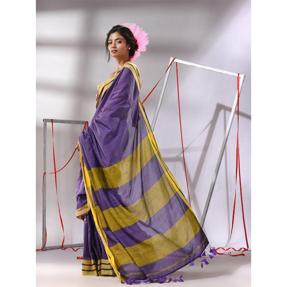 CHARUKRITI Purple Cotton Stripe Border Saree with Unstitched Blouse