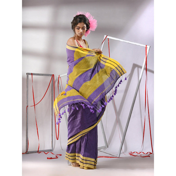 CHARUKRITI Purple Cotton Stripe Border Saree with Unstitched Blouse