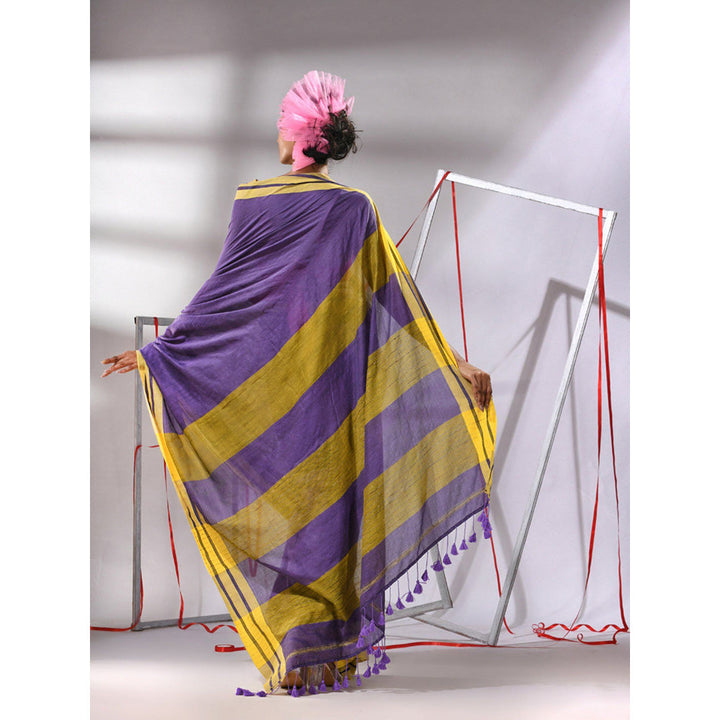 CHARUKRITI Purple Cotton Stripe Border Saree with Unstitched Blouse