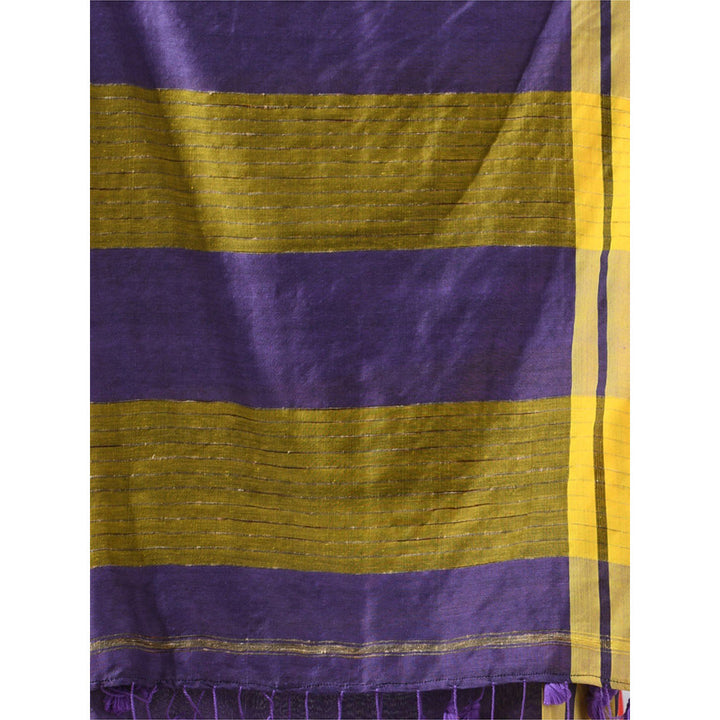 CHARUKRITI Purple Cotton Stripe Border Saree with Unstitched Blouse