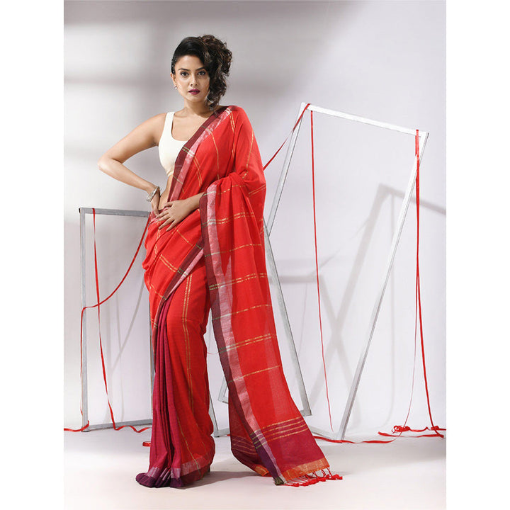 CHARUKRITI Red Cotton Patli Pallu Stripes Zari Designs Saree with Unstitched Blouse