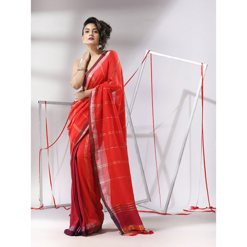 CHARUKRITI Red Cotton Patli Pallu Stripes Zari Designs Saree with Unstitched Blouse