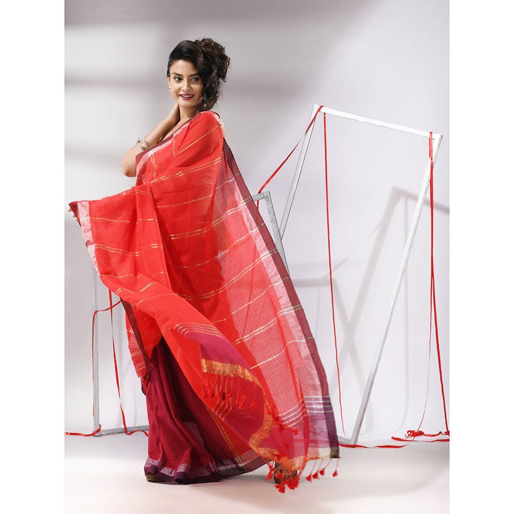 CHARUKRITI Red Cotton Patli Pallu Stripes Zari Designs Saree with Unstitched Blouse