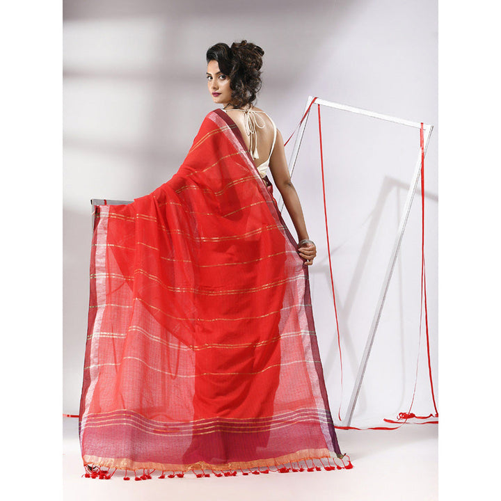 CHARUKRITI Red Cotton Patli Pallu Stripes Zari Designs Saree with Unstitched Blouse