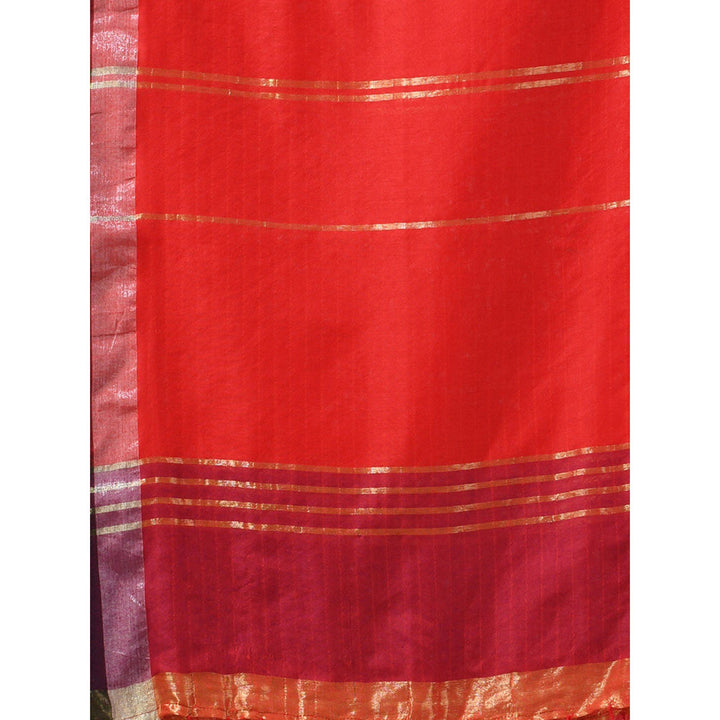 CHARUKRITI Red Cotton Patli Pallu Stripes Zari Designs Saree with Unstitched Blouse