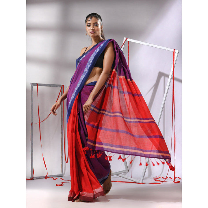 CHARUKRITI Purple Cotton Patli Pallu Stripe Designs Saree with Unstitched Blouse