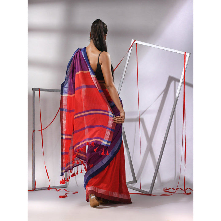 CHARUKRITI Purple Cotton Patli Pallu Stripe Designs Saree with Unstitched Blouse