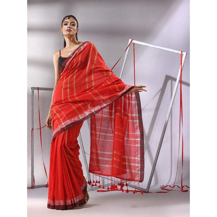 CHARUKRITI Red Cotton Zari Stripes Saree with Unstitched Blouse