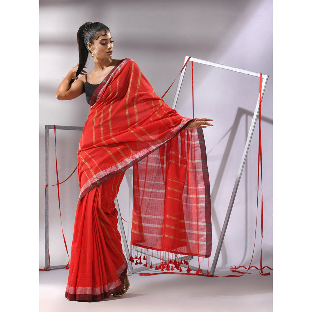 CHARUKRITI Red Cotton Zari Stripes Saree with Unstitched Blouse