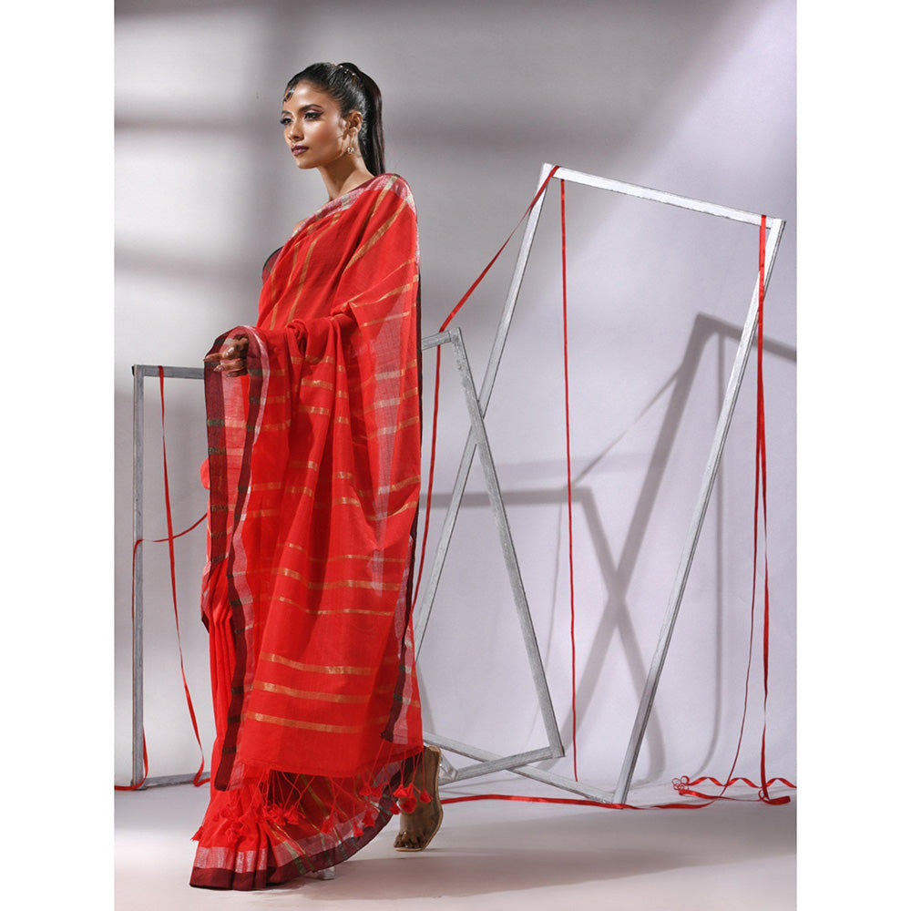 CHARUKRITI Red Cotton Zari Stripes Saree with Unstitched Blouse