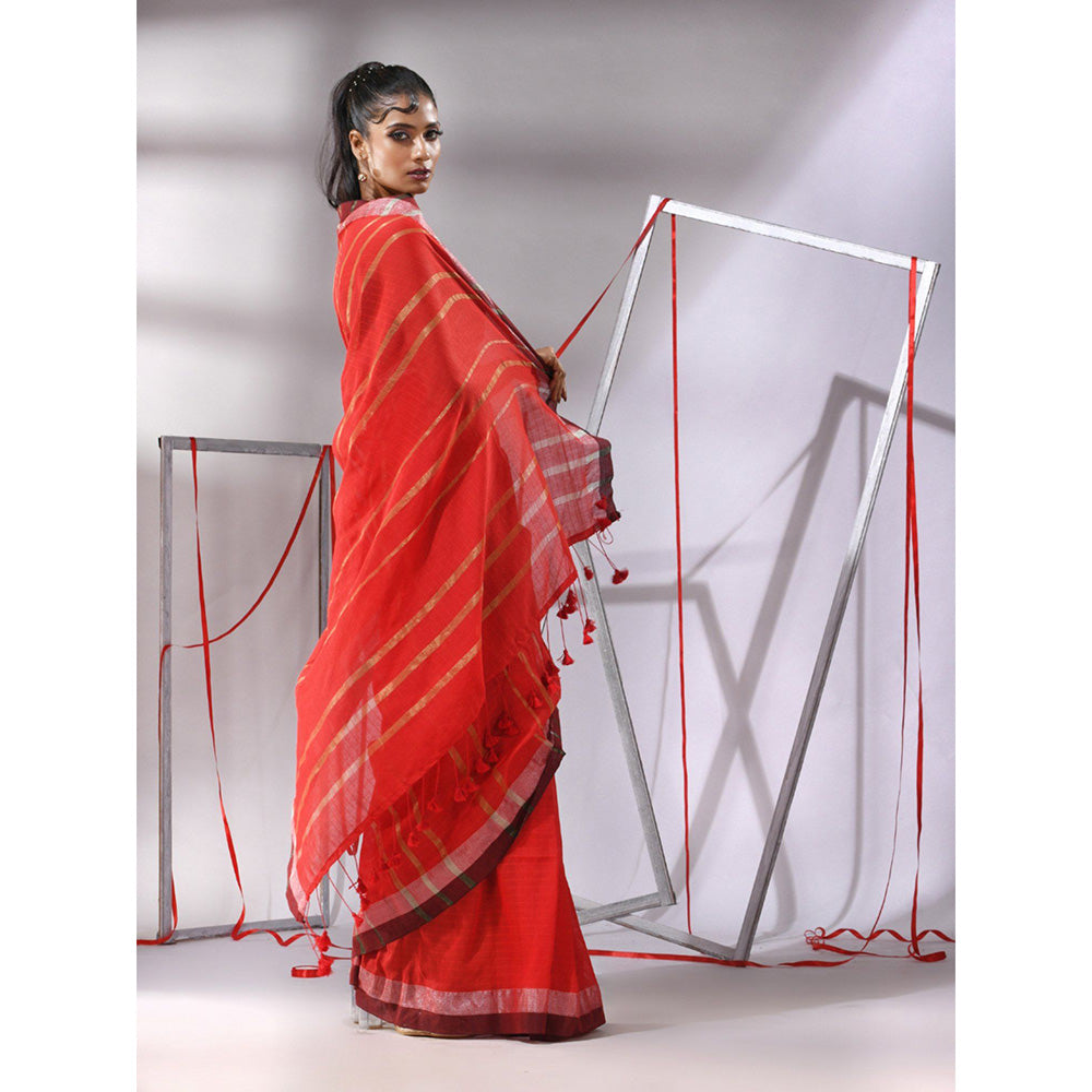 CHARUKRITI Red Cotton Zari Stripes Saree with Unstitched Blouse