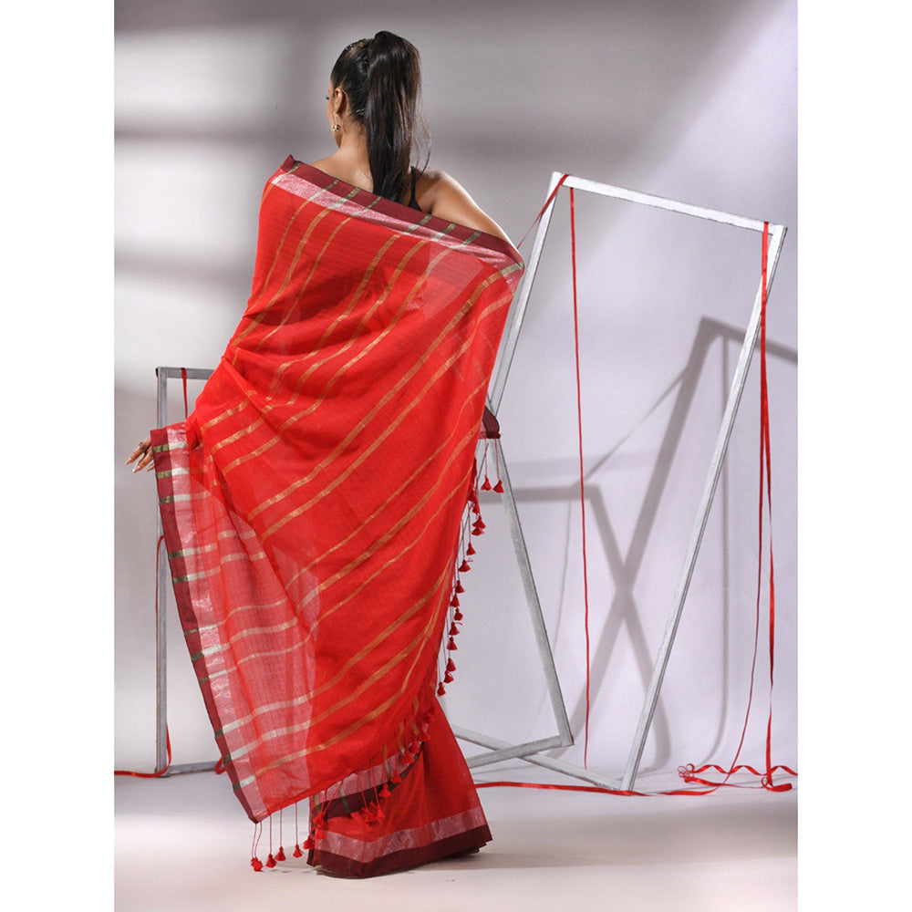 CHARUKRITI Red Cotton Zari Stripes Saree with Unstitched Blouse