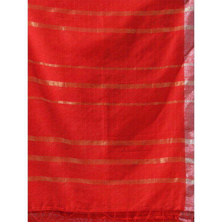 CHARUKRITI Red Cotton Zari Stripes Saree with Unstitched Blouse