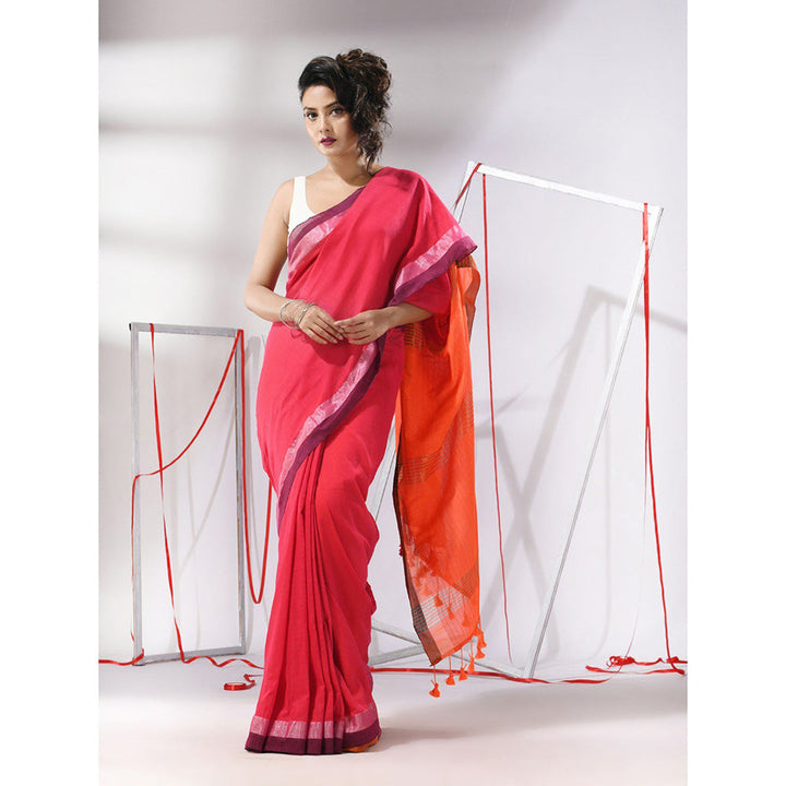 CHARUKRITI Pink Cotton Stripe Design Saree with Unstitched Blouse