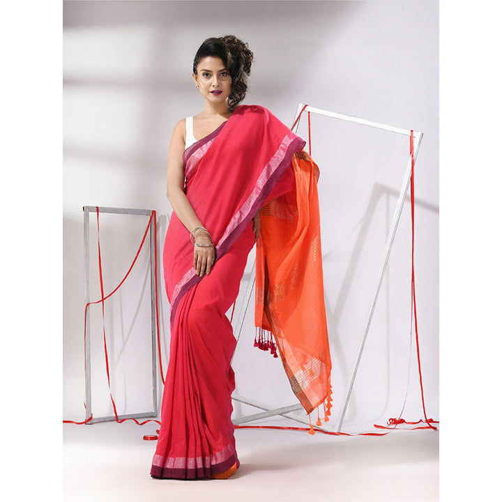 CHARUKRITI Pink Cotton Stripe Design Saree with Unstitched Blouse