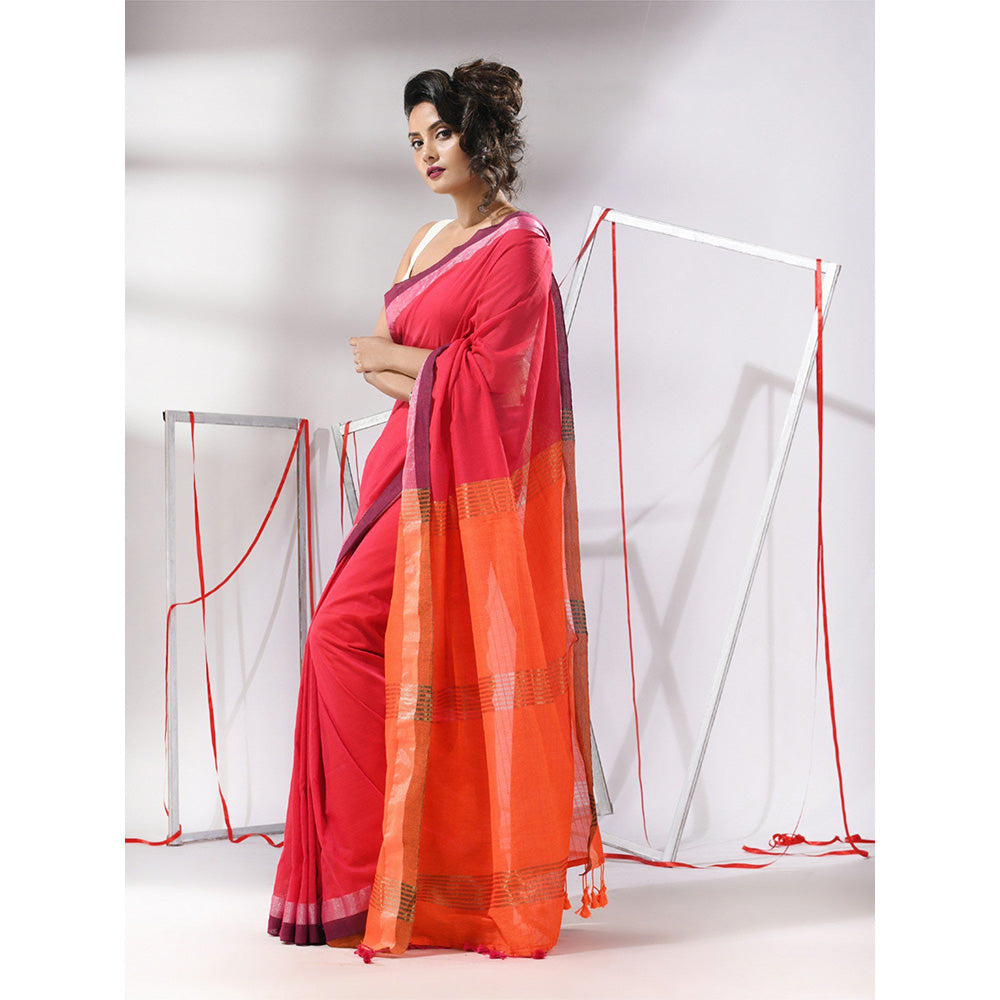 CHARUKRITI Pink Cotton Stripe Design Saree with Unstitched Blouse