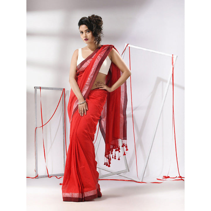 CHARUKRITI Red Cotton All Over Stripes Saree with Unstitched Blouse