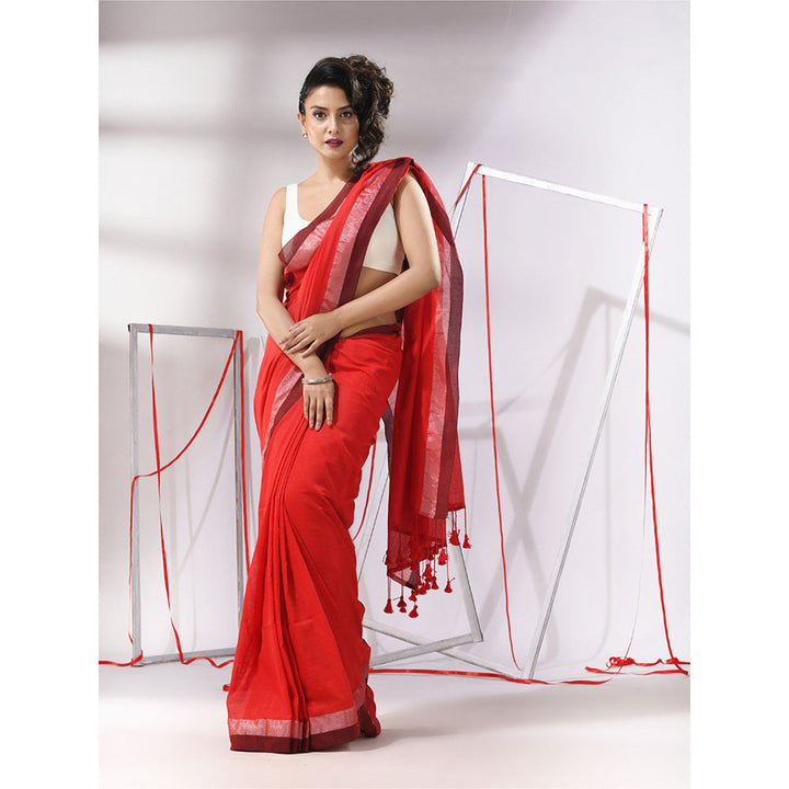 CHARUKRITI Red Cotton All Over Stripes Saree with Unstitched Blouse