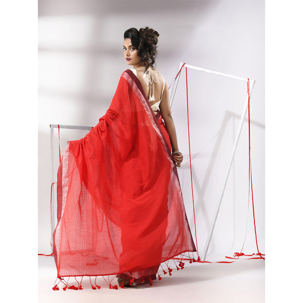 CHARUKRITI Red Cotton All Over Stripes Saree with Unstitched Blouse