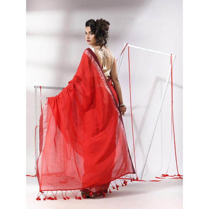 CHARUKRITI Red Cotton All Over Stripes Saree with Unstitched Blouse