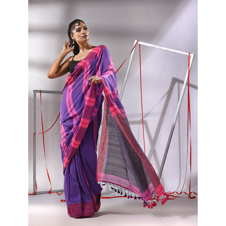 CHARUKRITI Purple Cotton Zari Stripes Saree with Unstitched Blouse