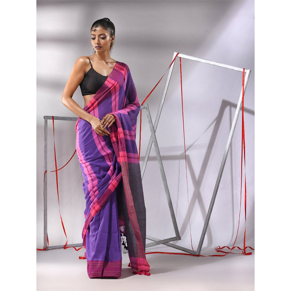 CHARUKRITI Purple Cotton Zari Stripes Saree with Unstitched Blouse