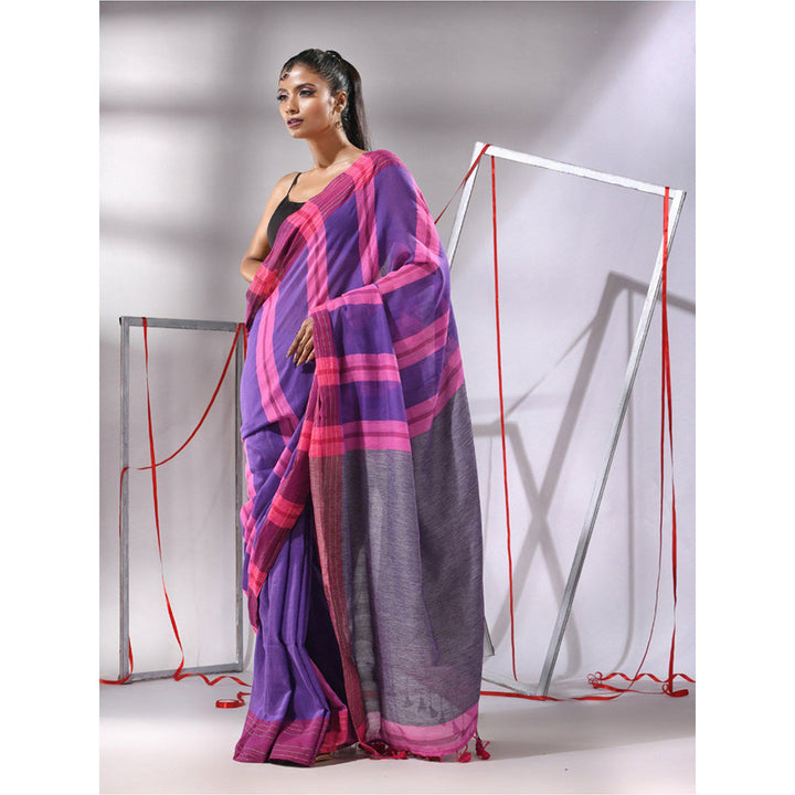 CHARUKRITI Purple Cotton Zari Stripes Saree with Unstitched Blouse