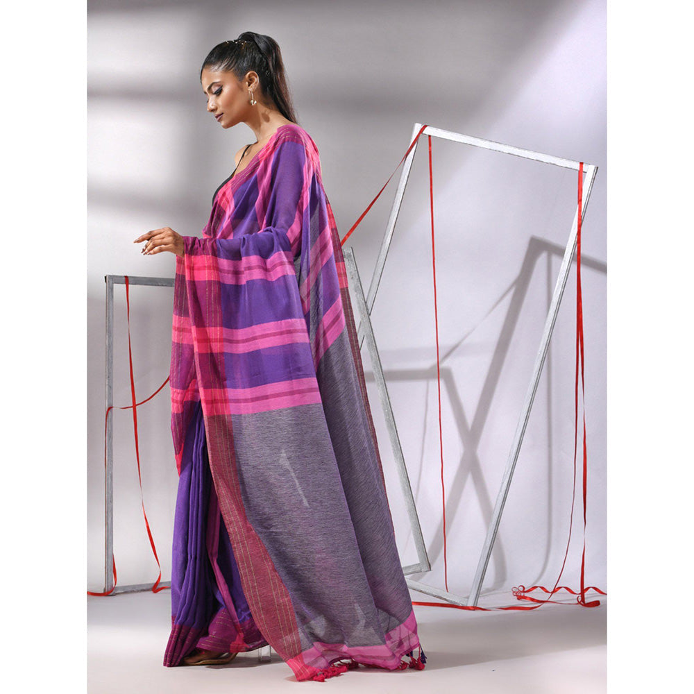 CHARUKRITI Purple Cotton Zari Stripes Saree with Unstitched Blouse