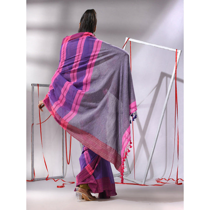 CHARUKRITI Purple Cotton Zari Stripes Saree with Unstitched Blouse