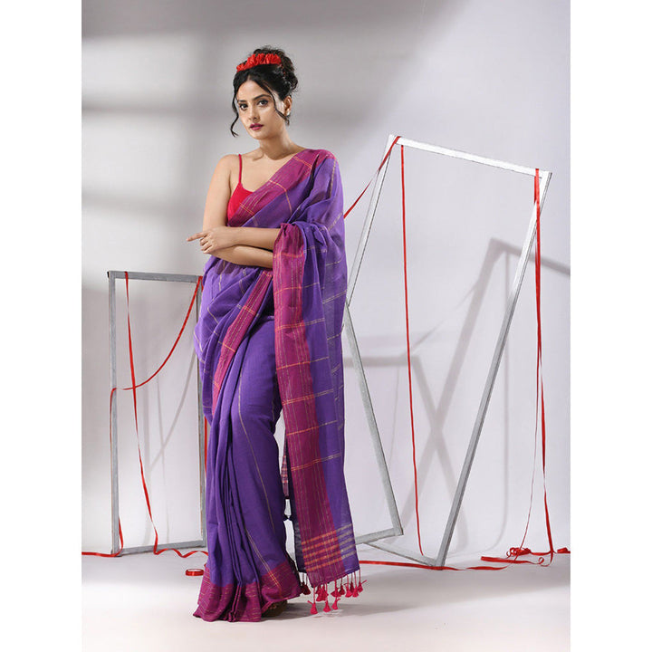 CHARUKRITI Purple Cotton Stripes Design Saree with Unstitched Blouse