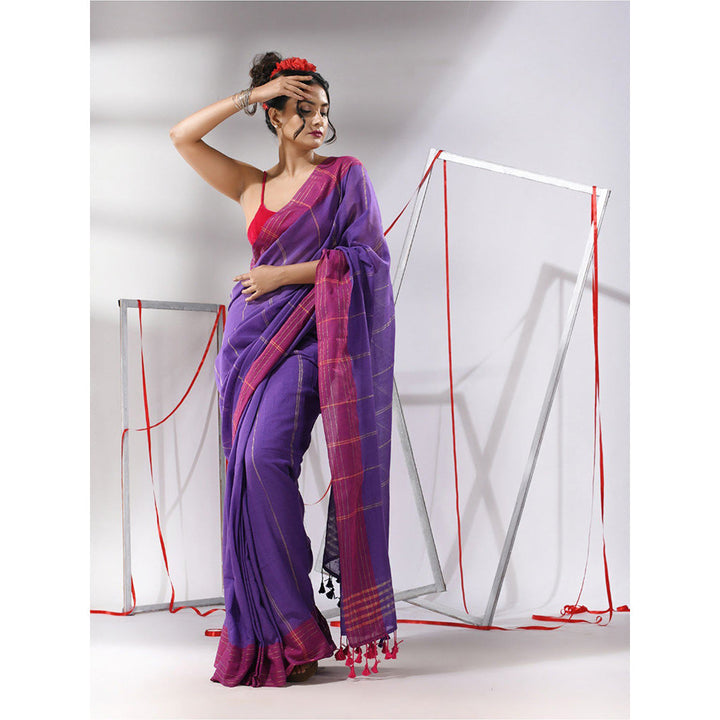 CHARUKRITI Purple Cotton Stripes Design Saree with Unstitched Blouse