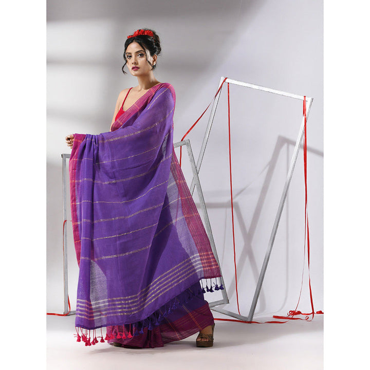 CHARUKRITI Purple Cotton Stripes Design Saree with Unstitched Blouse