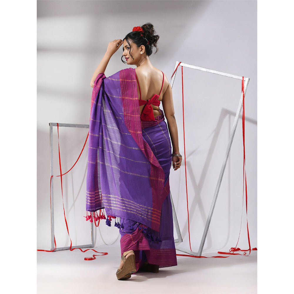 CHARUKRITI Purple Cotton Stripes Design Saree with Unstitched Blouse