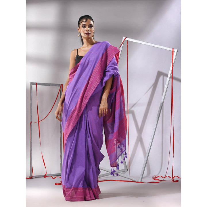 CHARUKRITI Purple Cotton Stripes Pallu Saree with Unstitched Blouse