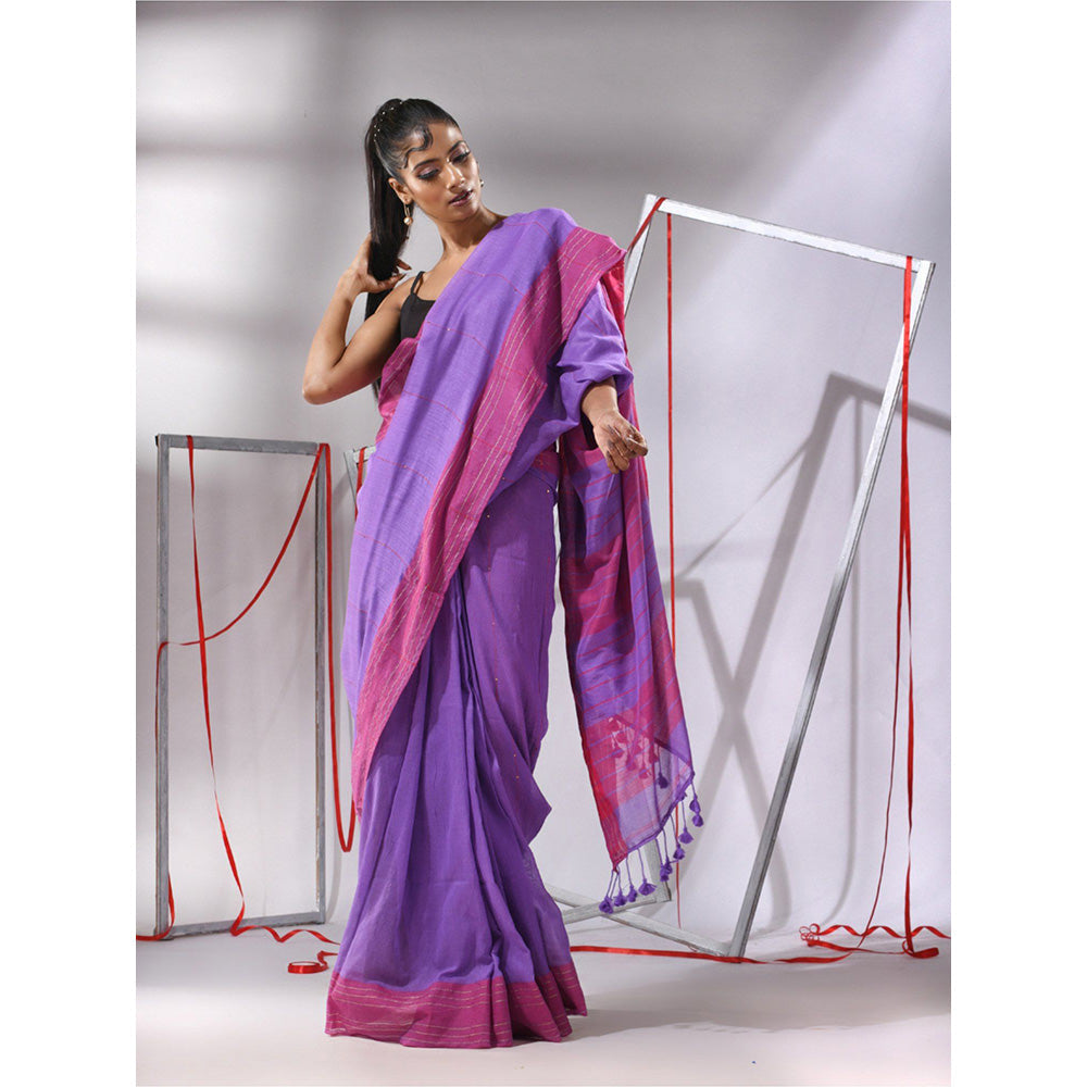 CHARUKRITI Purple Cotton Stripes Pallu Saree with Unstitched Blouse