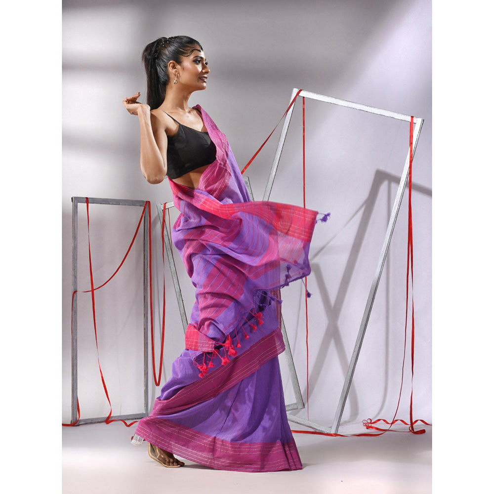 CHARUKRITI Purple Cotton Stripes Pallu Saree with Unstitched Blouse