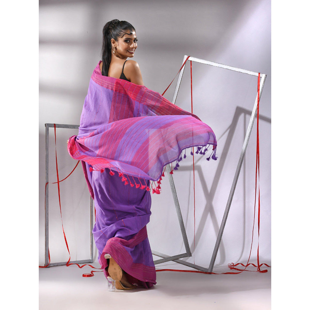 CHARUKRITI Purple Cotton Stripes Pallu Saree with Unstitched Blouse