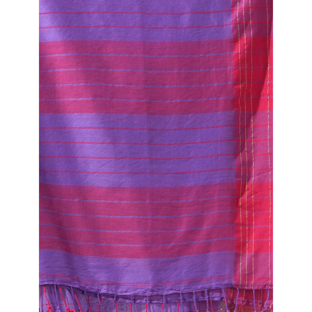 CHARUKRITI Purple Cotton Stripes Pallu Saree with Unstitched Blouse