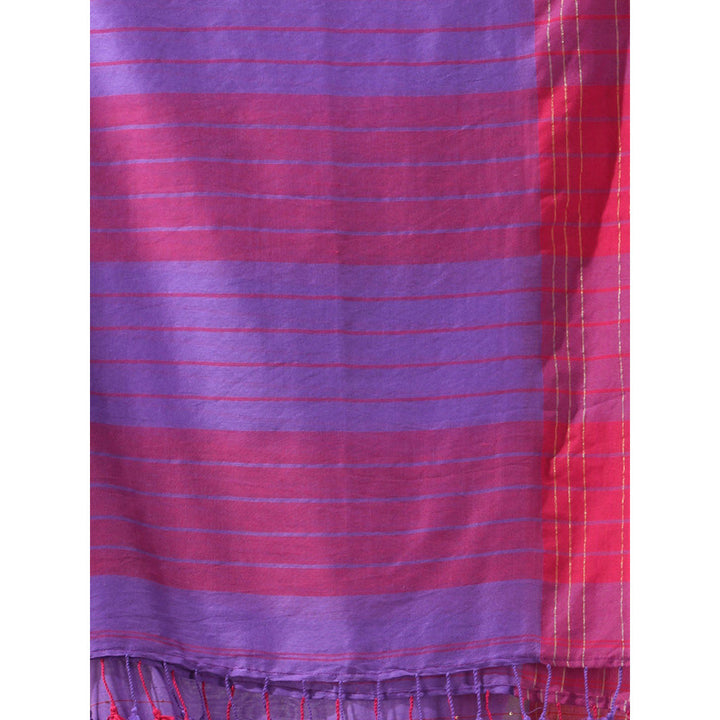 CHARUKRITI Purple Cotton Stripes Pallu Saree with Unstitched Blouse