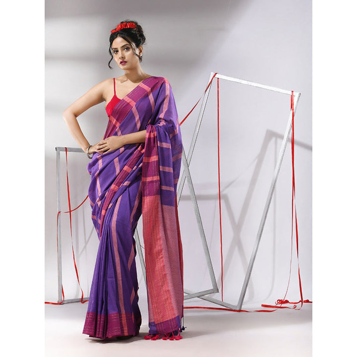 CHARUKRITI Purple Cotton Stripes Pattern Saree with Unstitched Blouse