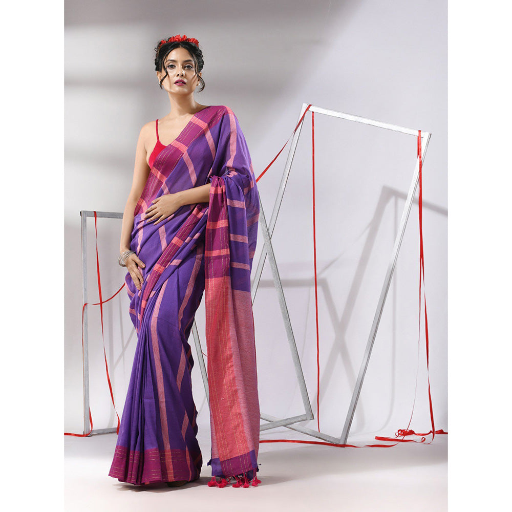 CHARUKRITI Purple Cotton Stripes Pattern Saree with Unstitched Blouse