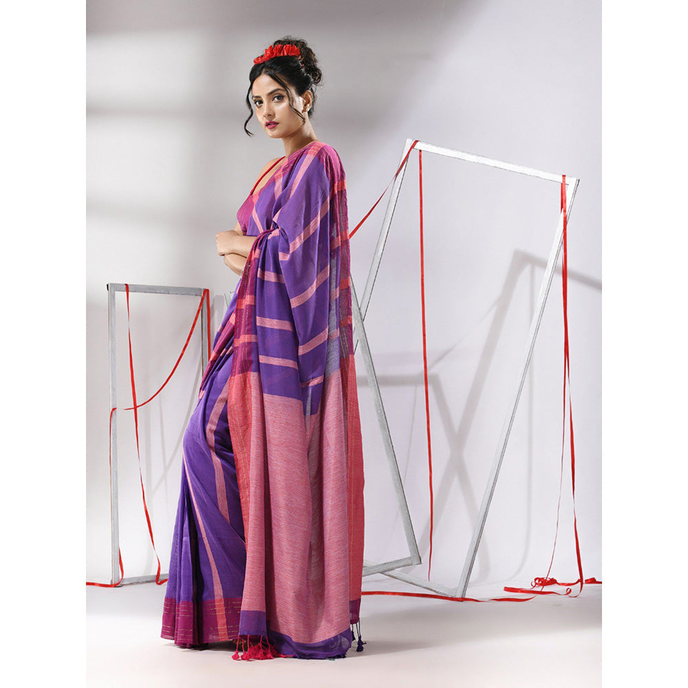 CHARUKRITI Purple Cotton Stripes Pattern Saree with Unstitched Blouse