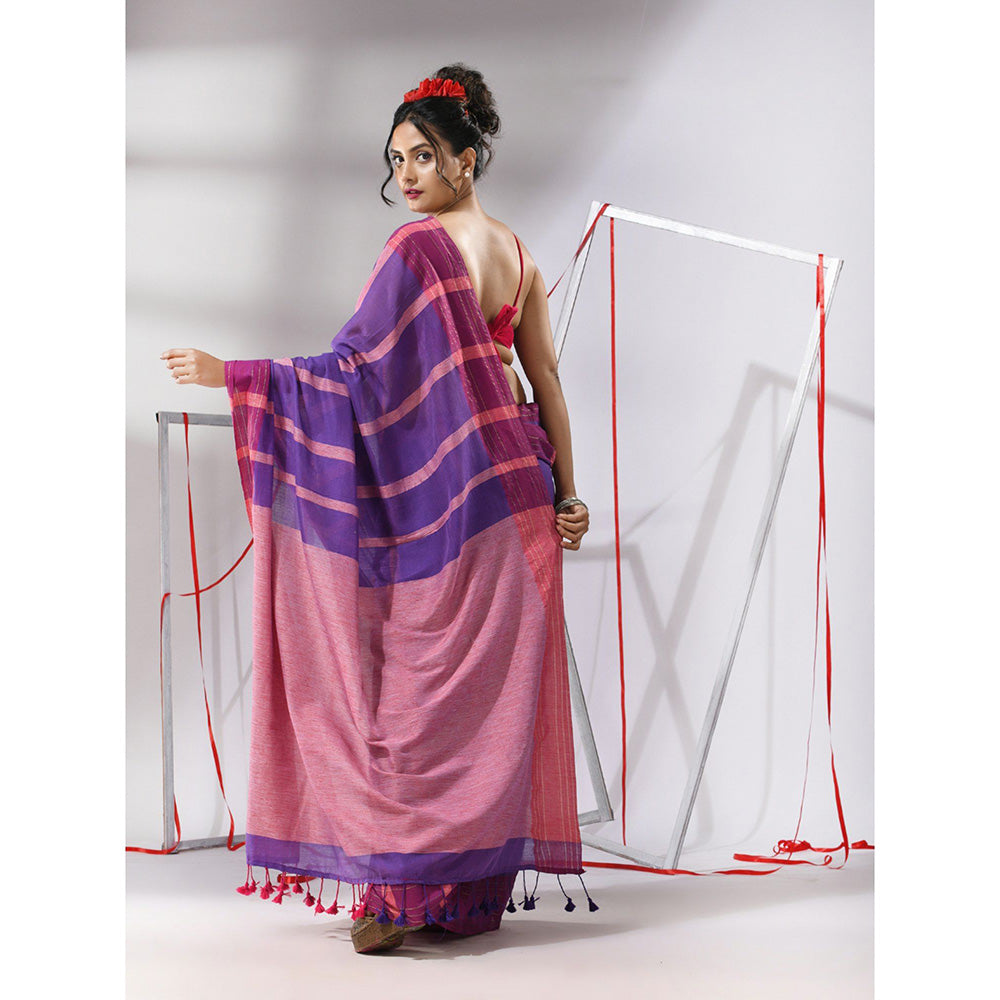 CHARUKRITI Purple Cotton Stripes Pattern Saree with Unstitched Blouse