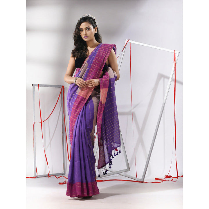 CHARUKRITI Purple Cotton Zari Stripes Saree with Unstitched Blouse