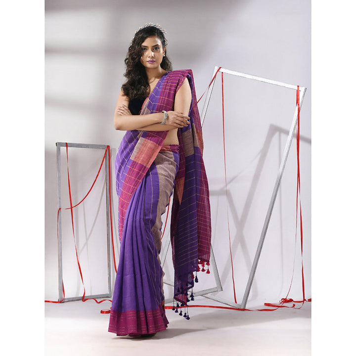 CHARUKRITI Purple Cotton Zari Stripes Saree with Unstitched Blouse